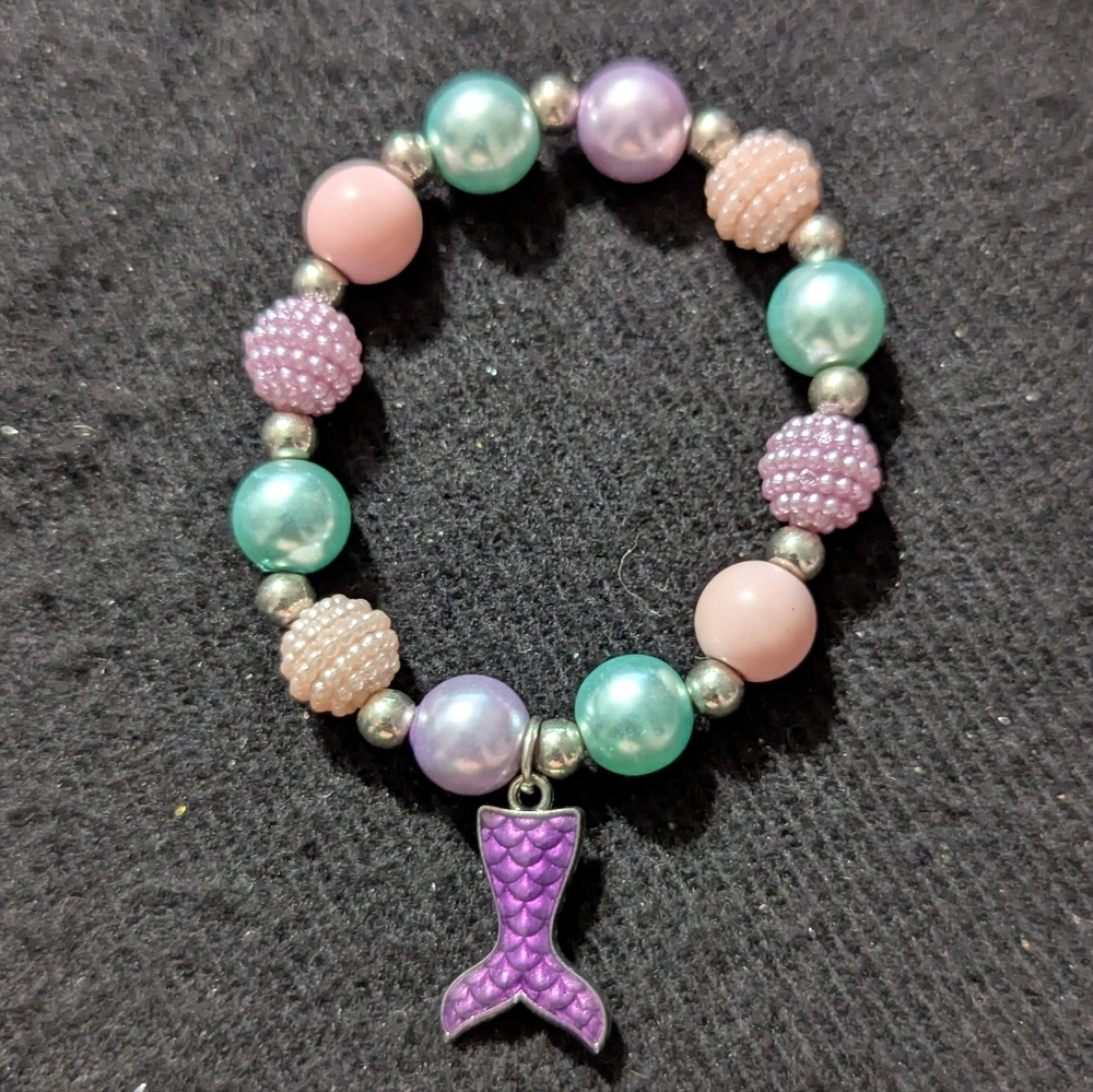 Silver Tone Pink Blue Purple Pastel Mermaid Tail Charm Stretchy Elastic Bracelet